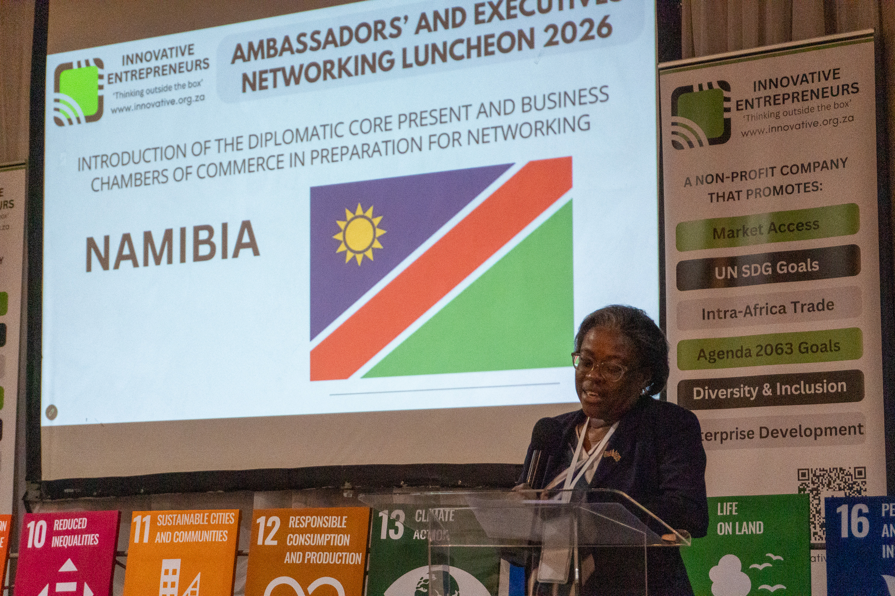 A Namibian diplomatic representative speaks at AENL 2026 with the Namibia flag projected behind