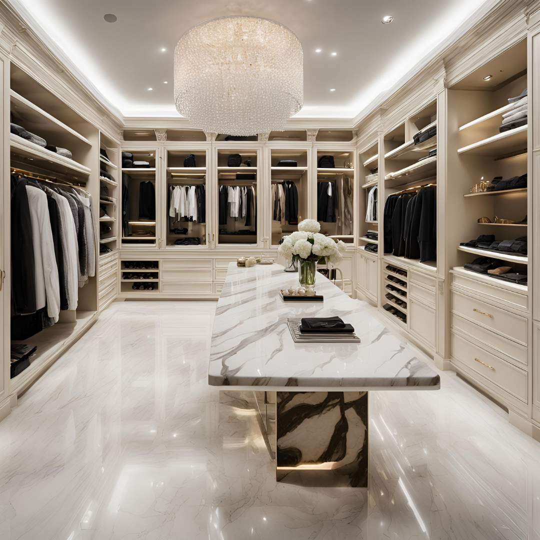 Elegant walk-in closet with a large crystal chandelier
