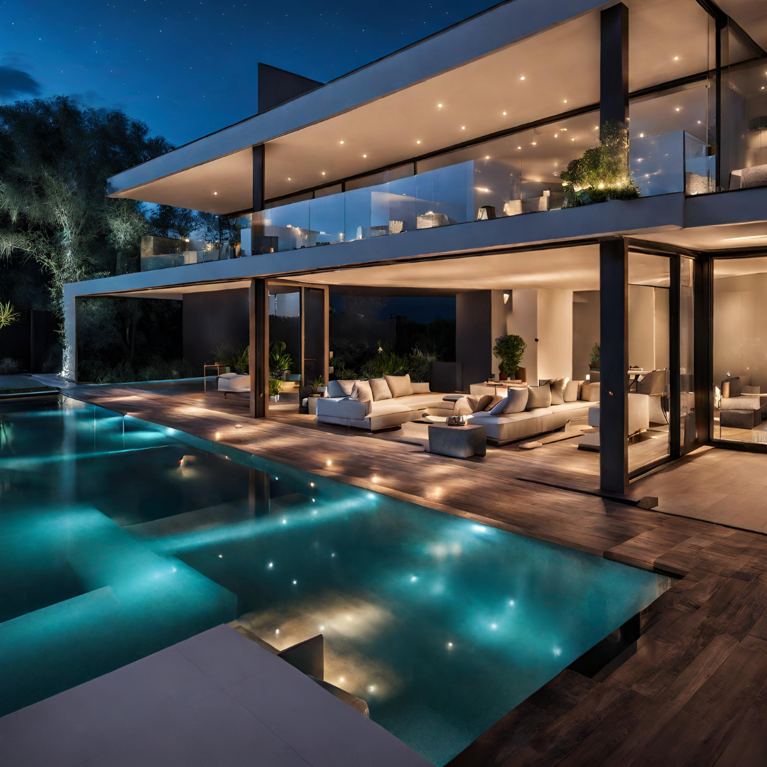 Outdoor view of a modern swimming pool and palm trees