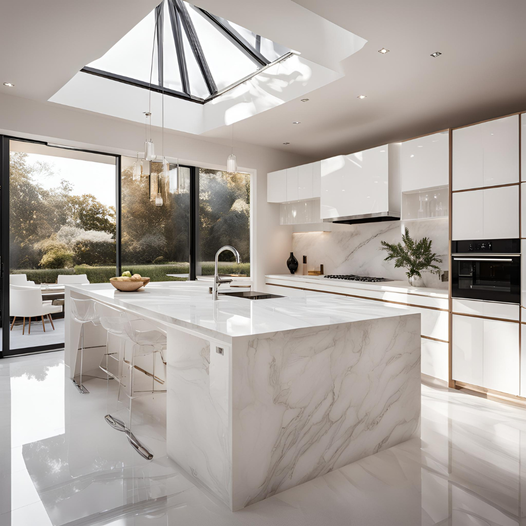 Detail of a marble kitchen island with a waterfall edge