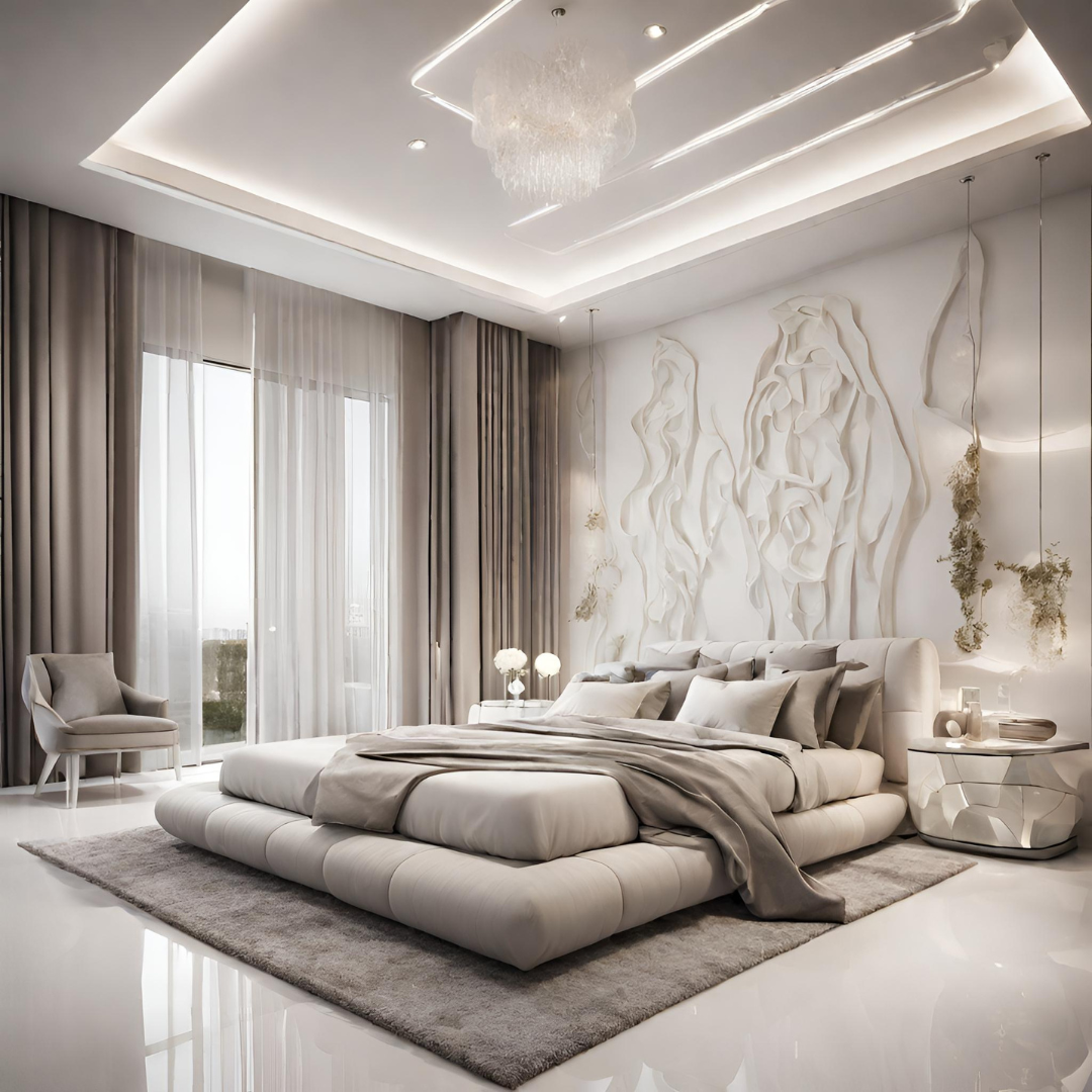 Luxurious bedroom with textured wall and modern platform bed