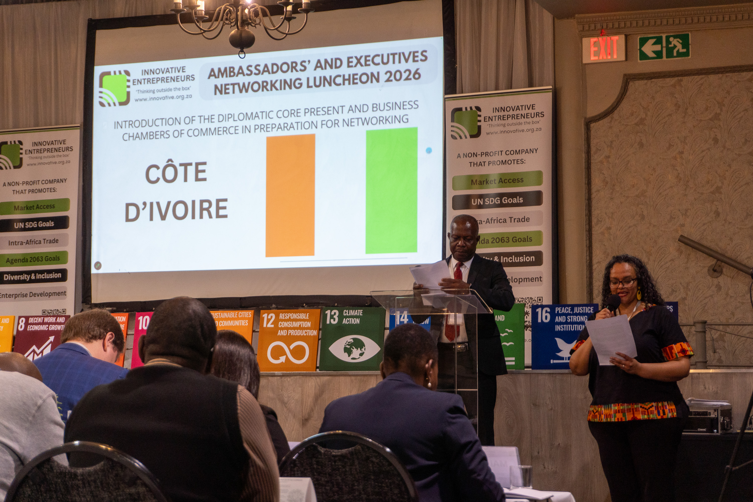 A Côte d'Ivoire delegation addresses AENL 2026 with the Côte d'Ivoire flag projected behind