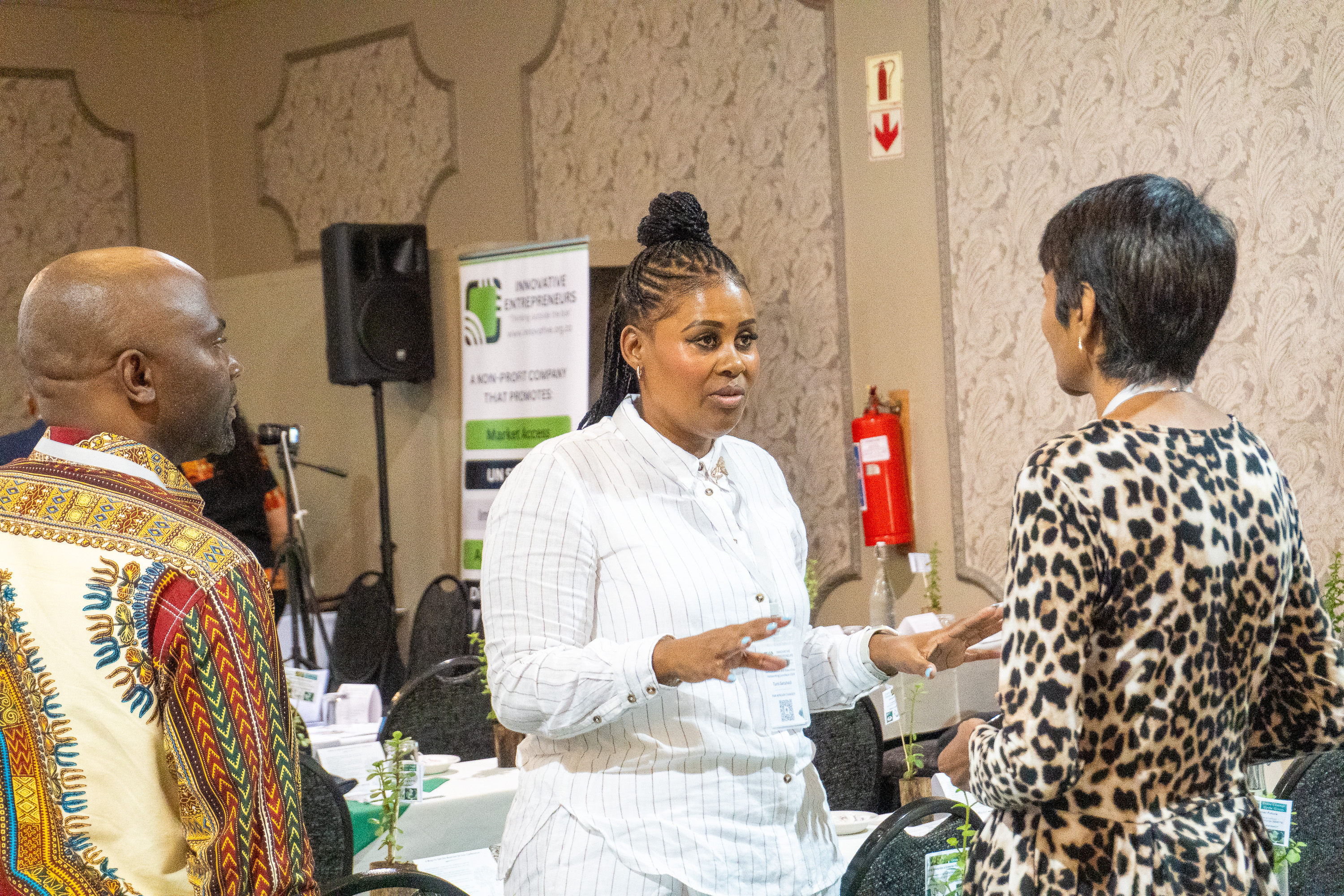 Three delegates in animated conversation at the Ambassadors' and Executives Networking Luncheon 2026, with Innovative Entrepreneurs branding behind