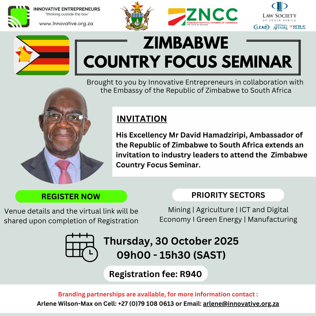  Flyer for the "Zimbabwe Country Focus Seminar" on October 2, 2025, featuring His Excellency Mr David Hamadziripi, Ambassador of Zimbabwe to South Africa. The seminar promotes African trade opportunities in mining, agriculture, ICT, digital economy, and tourism, providing international market access for local brands and serving as a crucial Country Focus Seminars South Africa event.