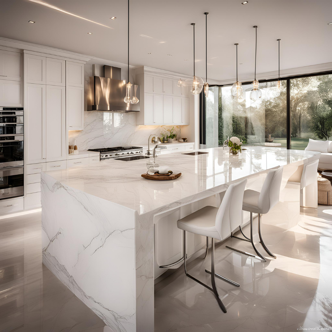 Spacious kitchen with large windows overlooking a garden